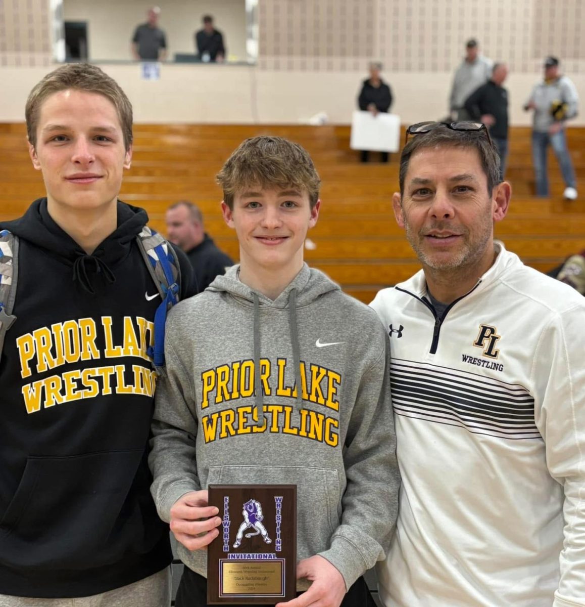 Liam Collins with his MVP award (with senior John Graham and wrestling head coach Joe Block)